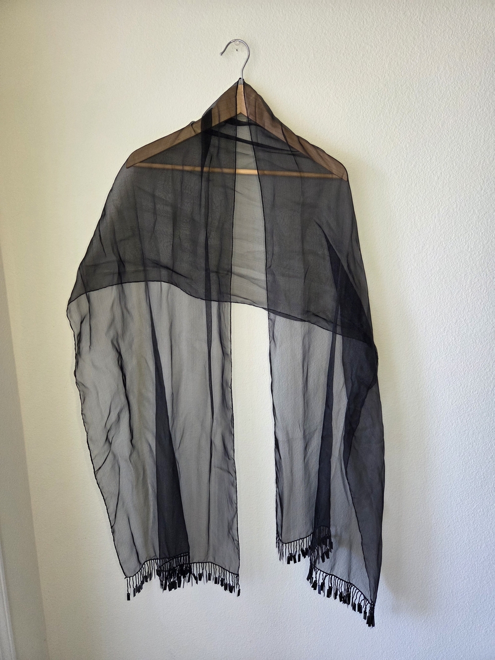 Vintage 90s Black Sheer Chiffon Scarf Beaded Fringe Evening Wrap Shawl 20x80